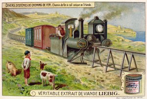 Treno monorotaia in Eire, carta pubblicitaria promozionale per Veritable Extrait de Viande Liebig