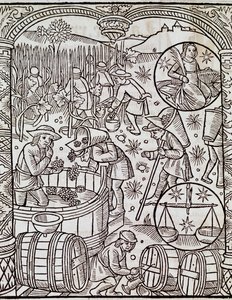 Mese del raccolto, con segni zodiacali della Vergine e della Bilancia, incisione da Le grand calendrier des bergers