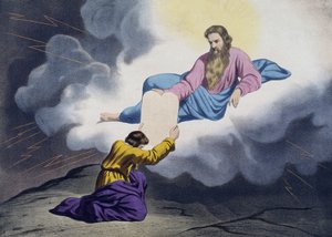 Mosè riceve le Tavole della Legge, illustrazione da un catechismo L