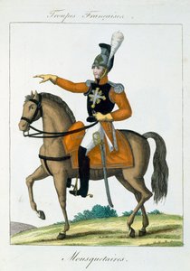 Moschettiere a cavallo, da Troupes Francaises, pub. chez Basset, Parigi, c.1790 da French School