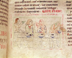 Ms.1215 t.3 fol.158v, Pasto con Giuditta e Oloferne, dalla Bibbia di Etienne Harding, 1109