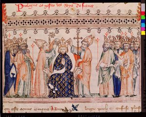 Ms.1469 f.1 La Consacrazione di Filippo III il Temerario, Re di Francia, dalle Grandes Chroniques de France, 1375-79