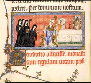 La Presentazione di una Badessa, dal Pontificale di Metz, scritto per Raymond Bar, Vescovo di Metz, 1302-16 da French School