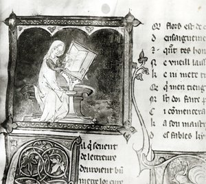 Marie de France (fl. XII secolo) che scrive, da un