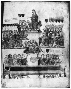 Ms.Fr. 18437 fol. 2 La Corte dei Pari presieduta da Filippo VI (1293-1350) da Proces de Robert III d