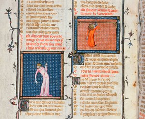 Ms 1126 Il suicidio di Didone con la spada e il suicidio di Fillide per impiccagione, da Le Roman de la Rose di Guillaume de Loris e Jean de Meung, c.1360-70 da French School