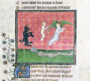 Ms 1130 Anima che lascia il corpo accompagnata da un angelo, miniatura da Le Livre des Proprietes des Choses di Barthelemy l