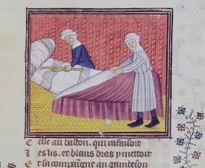 Ms 1130 fol.83r Castità e Povertà che fanno un letto, dal Roman des Trois Pèlerinages di Guillaume de Digulleville da French School
