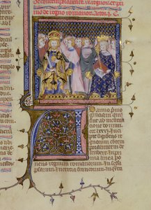 Ms 13. fol 232 Incoronazione di Luigi IX (121415-70) e probabilmente di Federico II (1194-1250), da un Salterio di Pierre Lombard, inizio XV secolo da French School
