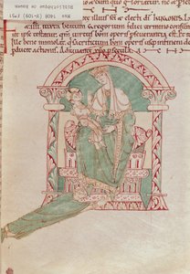 Ms 1408 fol.51 Vergine con Bambino con San Gregorio Magno (540-604) da Sermoni e Vite dei Santi