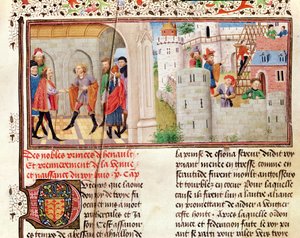 Ms 149 t.1 fol.16 Un accordo e la costruzione di un castello, dalla Histoire des Nobles Princes de Hainaut, di Jacques de Guise da French School
