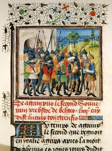 Ms 149 t.1 fol.45 Un esercito in campagna, dalla Histoire des Nobles Princes de Hainaut, di Jacques de Guise