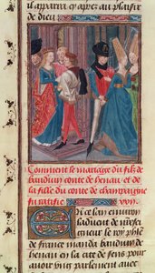 Ms 149 t.3 fol.105 Matrimonio di Baldovino VI e Maria, figlia del conte di Champagne, dalla Histoire des Nobles Princes de Hainaut, di Jacques de Guise da French School