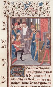 Ms 149 t.3 fol.95v Nomina di due cavalieri, da Histoire des Nobles Princes de Hainaut, di Jacques de Guise da French School