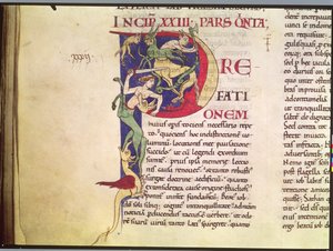 Ms 173 Iniziale istoriata P raffigurante centauri, draghi e mostri, da Moralia in Job di Papa Gregorio Magno da French School