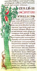 Ms 173 f.41 Iniziale istoriata I raffigurante un monaco e un laico che tagliano e potano un albero, da Moralia in Job di Papa Gregorio Magno da French School