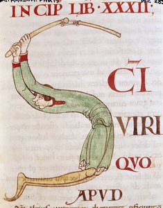 Ms 173 fol.148r Iniziale istoriate S che raffigura un uomo che trebbia, da Moralia in Job di Papa Gregorio Magno da French School