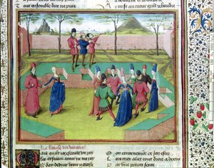 Ms 19153 f.7 Una carola nel frutteto, illustrazione da Le Roman de la Rose di Jean de Meung, c.1460 da French School
