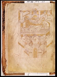 Ms 210 fol.4v La Visione di San Aubert, dal Cartulaire de Mont-Saint-Michel, 1150 da French School