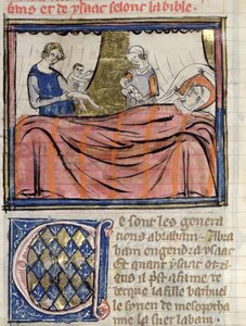 Ms 22 fol.30 La nascita dei gemelli Giacobbe ed Esaù, miniatura dalla Bibbia Historiale di Guiart des Moulins da French School