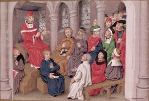 Ms 230 fol.25 Jean de Gerson (1363-1429) che predica la Passione dopo cena nella Chiesa di San Bernardo, Parigi, da Sermons sur la Passion et Traites Divers, c.1480 da French School