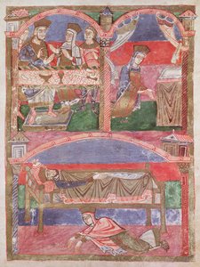 Santa Radegonda (518-87) alla tavola di Clotario I (497-561), nel suo oratorio e ai piedi del letto reale, dalla Vita di Santa Radegonda da French School
