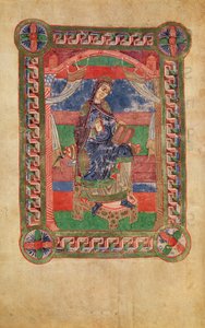 Ms 250 fol.43v Santa Radegonda (518-87) su un trono, da La vita di Santa Radegonda