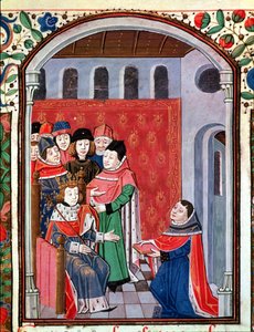 Ms 3045 fol.1 Jean de Meung (1240-1305) che offre la sua traduzione a Filippo il Bello (1268-1314) da De Consolatione Philosophiae di Boezio da French School