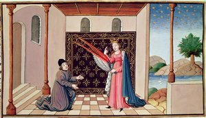 Ms 3045 fol.68v Lady Filosofia offre a Boezio le ali che permetteranno alla sua mente di volare in alto da French School