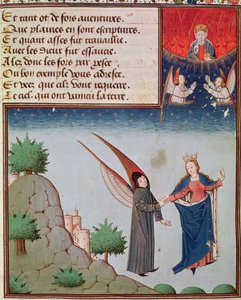 Ms 3045 fol.94r Lady Filosofia guida Boezio in volo nel cielo con le ali che gli ha dato; Dio Padre guarda benedicendo da French School