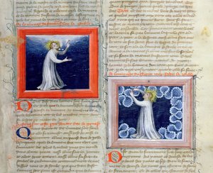 Ms 313 Dio che separa la luce dalle tenebre (a sinistra) e crea il firmamento (a destra), dalla Bibbia dei Grandi Agostiniani, 1494