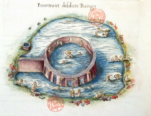 Le terme di Bourbon-Lancy, illustrazione da Generale Description du Bourbonnais di Nicolas de Nicolay, 1569