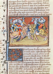 Ms 3479 t.1 fol.539 Quando i cavalli si scontrano, dal Livre de Messire Lancelot du Lac da French School