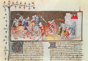 Ms 3479 t.1 fol.558 Scena di cavalieri che combattono, dal Libro di Messire Lancillotto del Lago da French School