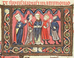 Ms 364 fol.166 Un matrimonio, illustrazione dai commentari di Johannes Andreae sui Decretali papali da French School