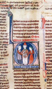Ms 365 fol.318v Iniziale istoriata D raffigurante un matrimonio, dai Decretali di Gregorio IX da French School