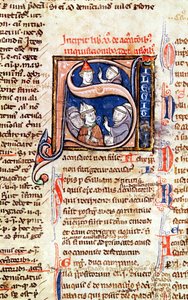 Ms 365 fol.350 Iniziale istoriate S raffigurante Papa Gregorio IX (1220-50) con vescovi e abati, dai Decretali di Gregorio IX da French School