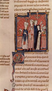 Ms 372 fol.59v Una suora che prende i voti e messa celebrata da un vescovo, dai Decreti di Graziano da French School