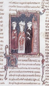 Ms 373 fol.51v Un monaco, un vescovo e un abate, dai Decreti di Graziano da French School
