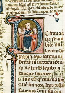 Ms 376 f.320 Iniziale istoriata D raffigurante un sacerdote che benedice un matrimonio, da Les Gregoriennes da French School