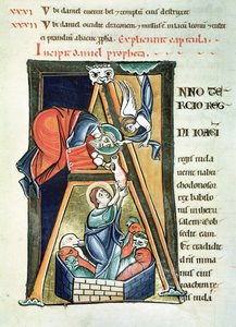 Ms 3 fol.233 Iniziale istoriata A raffigurante Daniele nella fossa dei leoni, dalla Bibbia di Saint-Sulpice de Bourges