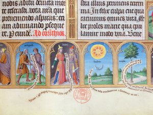 Ms 412 Libro delle Ore con illustrazioni di pellegrini, ebrei, sole, luna e mirto da French School