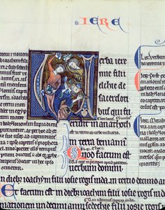 Ms 48 fol.95v Iniziale istoriata V che raffigura la lapidazione del profeta Geremia da French School