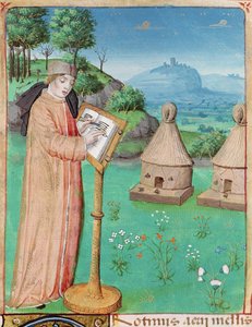 Ms 493 fol.45 Virgilio (70-19 a.C.) che scrive La vita delle api, da Le Georgiche di Virgilio con un commento di Servio, 1469 da French School