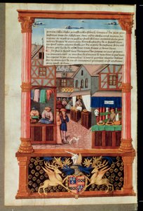 Ms 5062 fol.149v Una strada con negozi e lo stemma di Robert Stuart, Maresciallo di d