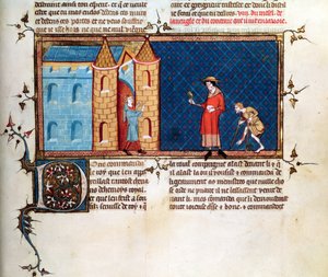 Ms 5080 fol.373r Due lebbrosi che mendicano, da Le Miroir Historial, di Vincent de Beauvais da French School
