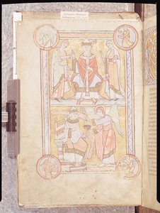 Ms 512 fol.4v San Gregorio Magno (c.540-604) tra suo padre, Gordien, e sua madre, Silvia e un uomo annegato come angelo, da Liber Pastoralis