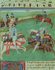 Ms 527 f.5v Insegnare ai Cavalieri a Giostrare, dal Roman du Saint Graal da French School