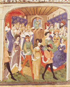 Ms 527 fol.1r Ballo di corte, dal Roman du Saint Graal da French School