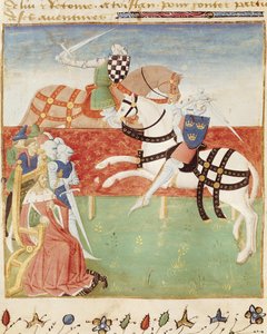 Ms 527 fol.40v Confronto di due cavalieri davanti al re, dal Roman du Saint Graal da French School